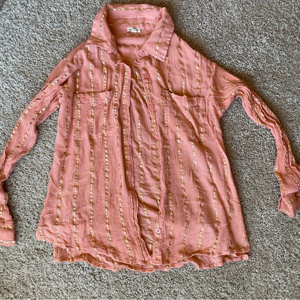 En Creme Coral Button Down Shirt with Gold Stripes